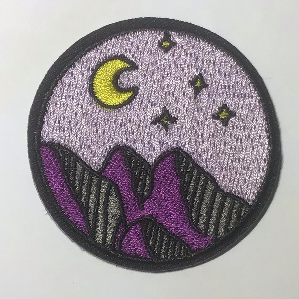 2 3/8” Purple Mountain moons and stars embroidered iron on patch nature outdoors